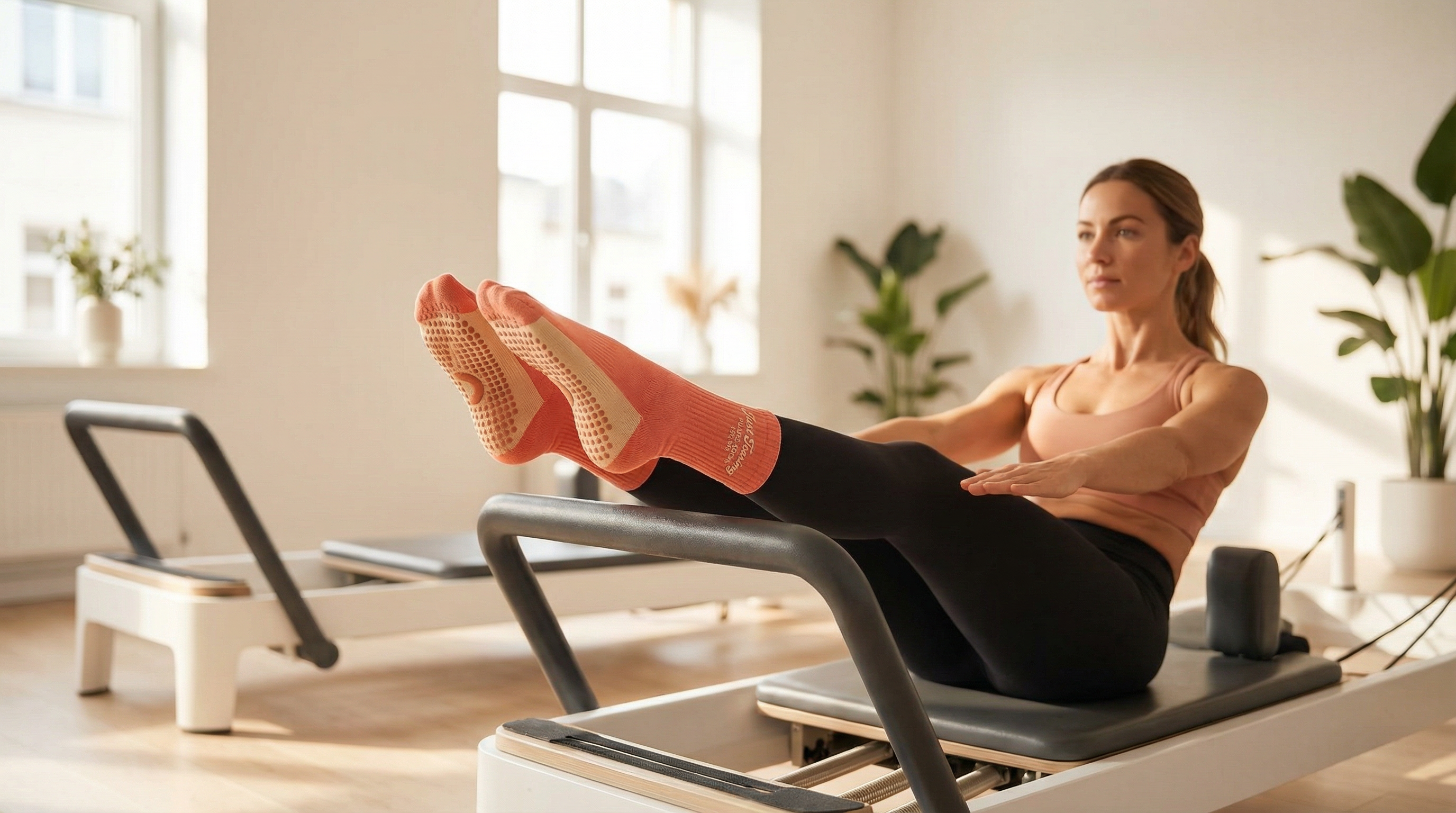 Woman doing pilates on reformer wearing Just Teasing socks